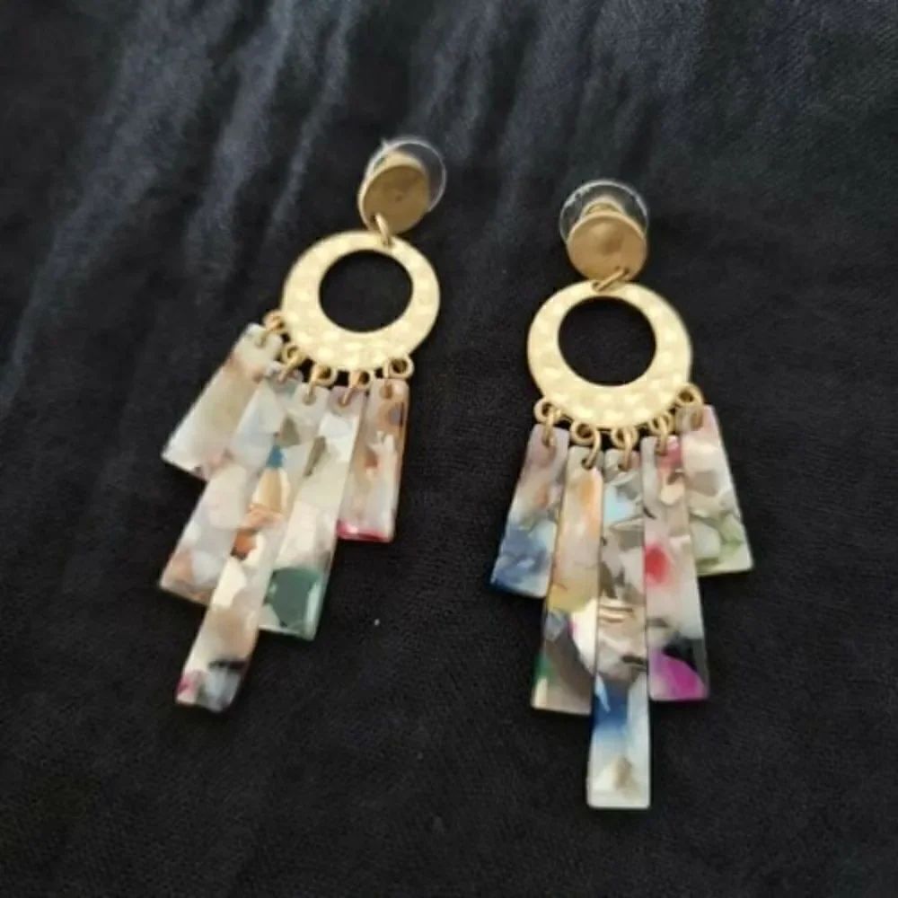 Gold Tone Multicolor Enamel Dandle Earrings